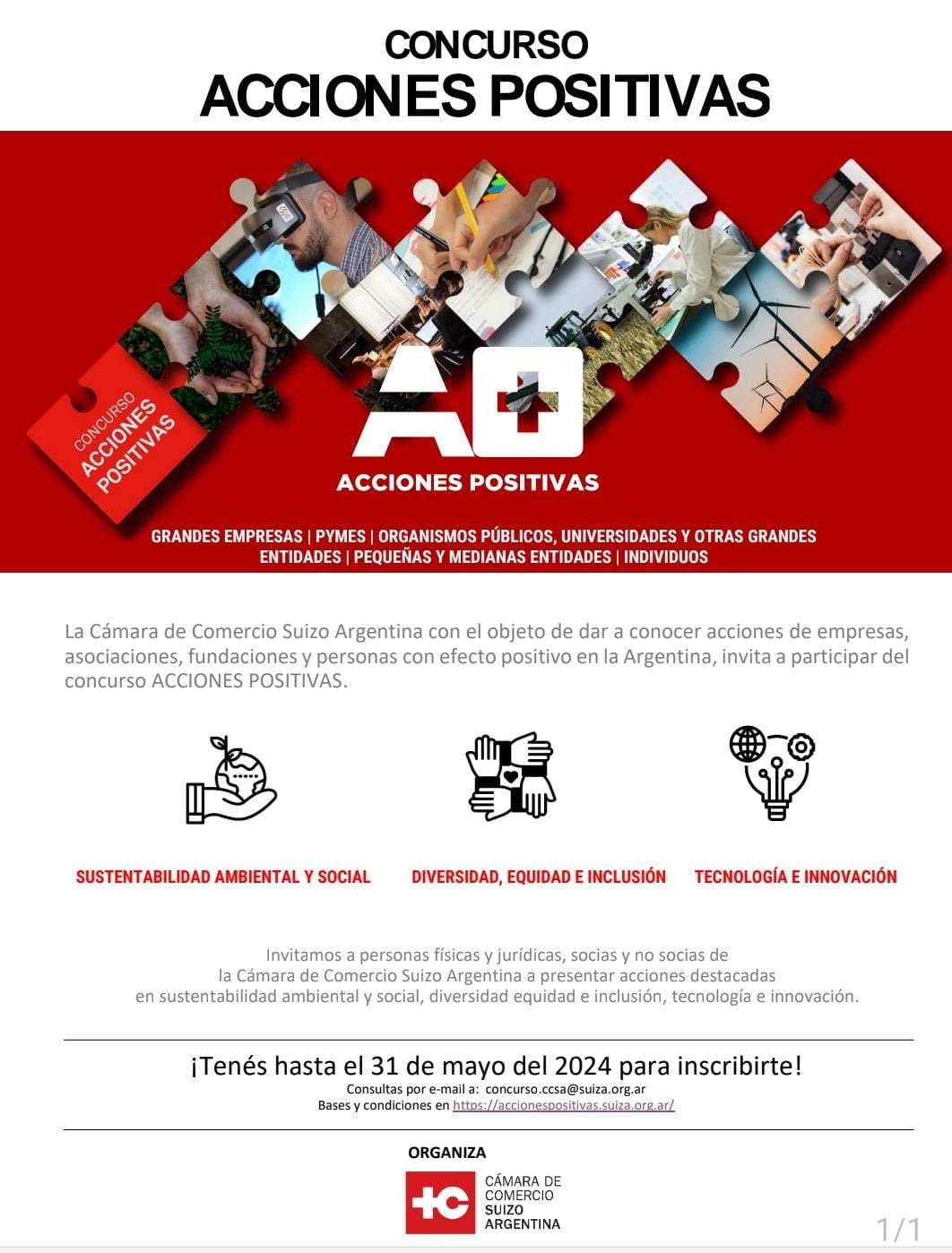 Se lanza el Premio Acciones Positivas, organizado por la Cámara de Comercio Argentino Suiza